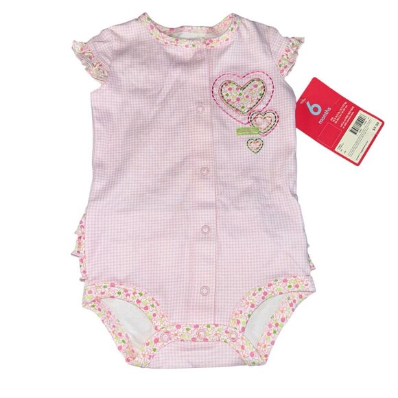GIRLS 6 Months 1-Piece Bodysuit‎ / Romper Pink Gingham-Flower Trim & Ruffle NWT - Picture 1 of 6